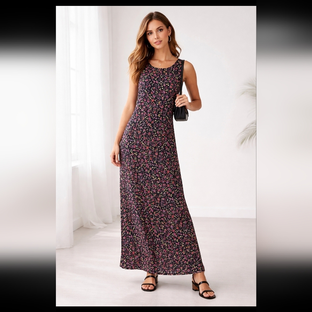 Studio Ease Black Floral Sleeveless Maxi Dress P10 10P 90s Y2K Jumper Over #8700